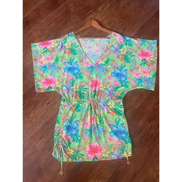 LULI FAMA Hibiscus Dream Cabana Mini Dress Cover Up Kimono SEXY M L Green - Picture 5 of 8
